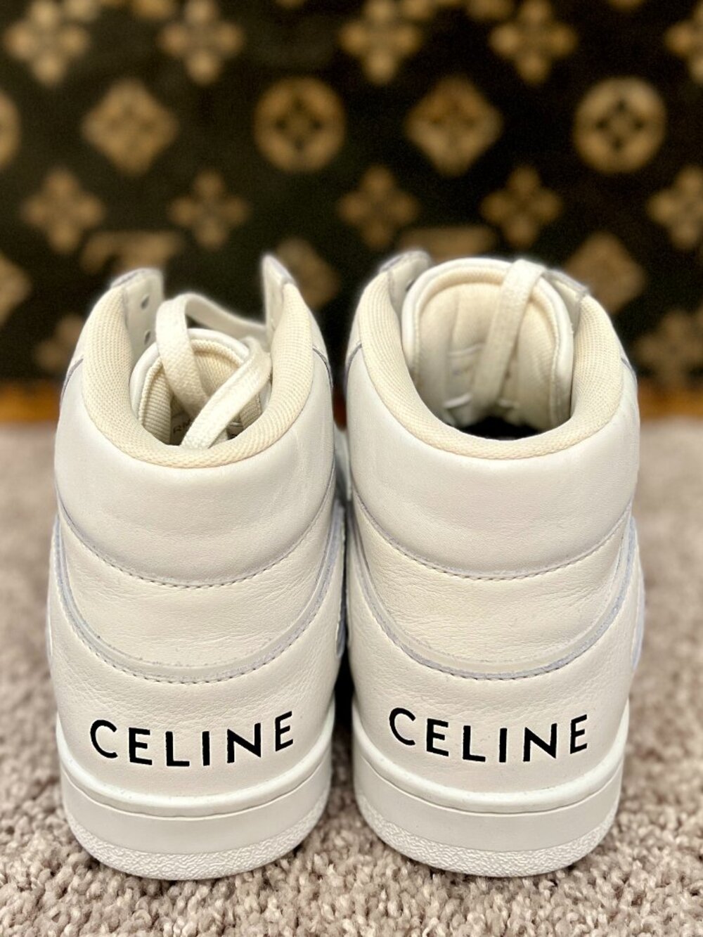Celine Z White Leather Logo High Top Sneakers, NEW